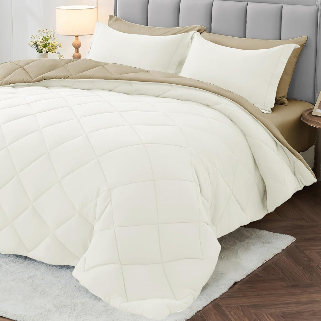 MUXHOMO 7 Pieces King Comforter Set, Reversible Bed in a Bag King Size, All Season Bedding Set with Comforter, Flat Sheet, Fitted Sheet, Pillowcases & Shams, Red & Black