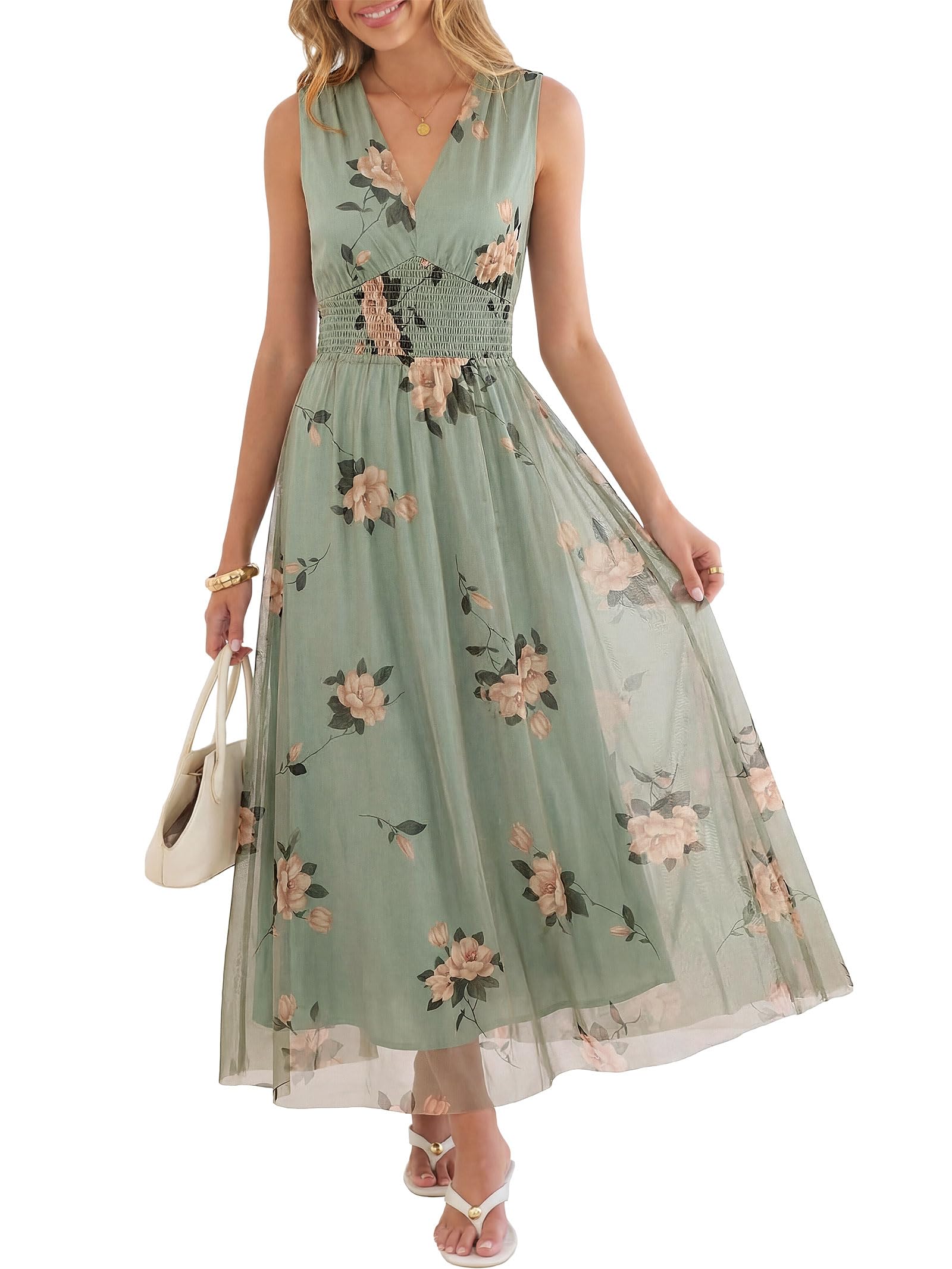ANRABESS Womens Summer Floral Maxi Dress, A Line Tulle,Elegant for Wedding Guest & Beach Vacation,Flowy Casual Boho Outfits