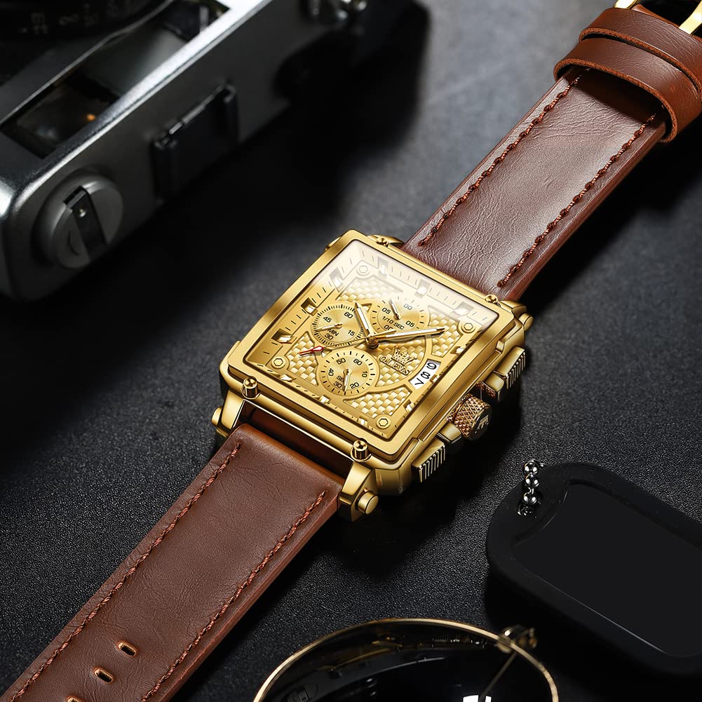 OLEVS Men's Casual Leather Watch, Big Face Chronograph Watch for Men, Fashion Easy to Read Dress Watch, Men's Waterproof Luminous Date Analog Watch, Gold/Black/White/Blue Dial
