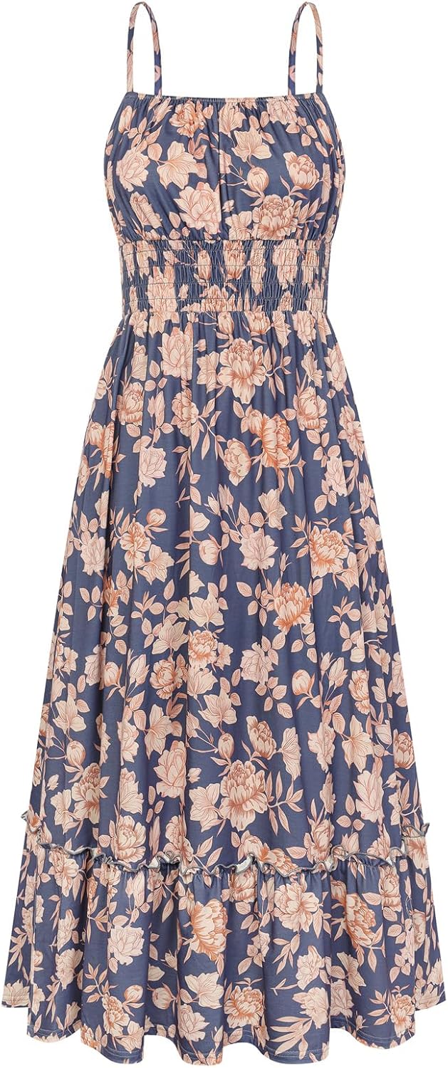 GRACE KARIN Summer Dresses for Women 2026 Vacation,Smocked Floral Maxi Dress,Boho Beach Sundress with Pocket Fashion Clothing