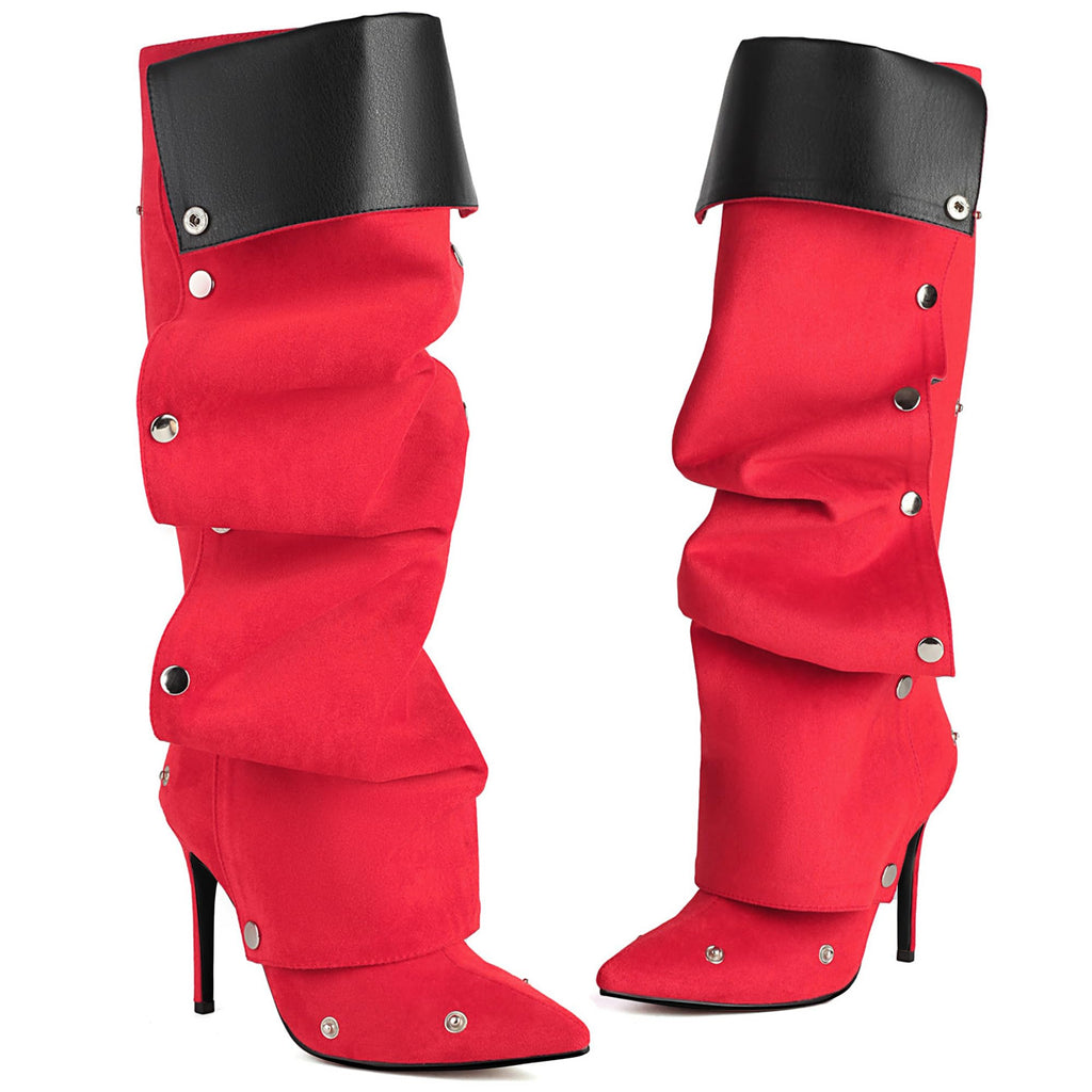 Women's Knee High Shark Boots Pointed Toe High Heels Ruched Stiletto Slouchy Party Boots Detachable Snap-off Panel