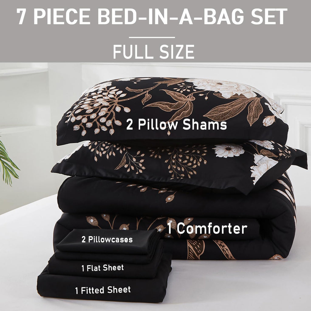 Yogeneg 7 Piece Bed in a Bag King Size Comforter Set Black Bedding Set,Gold Butterfly Leaves Printed on Black Reversible Design,Soft Microfiber Comforter with Sheet Set,All Season(Butterfly,King)