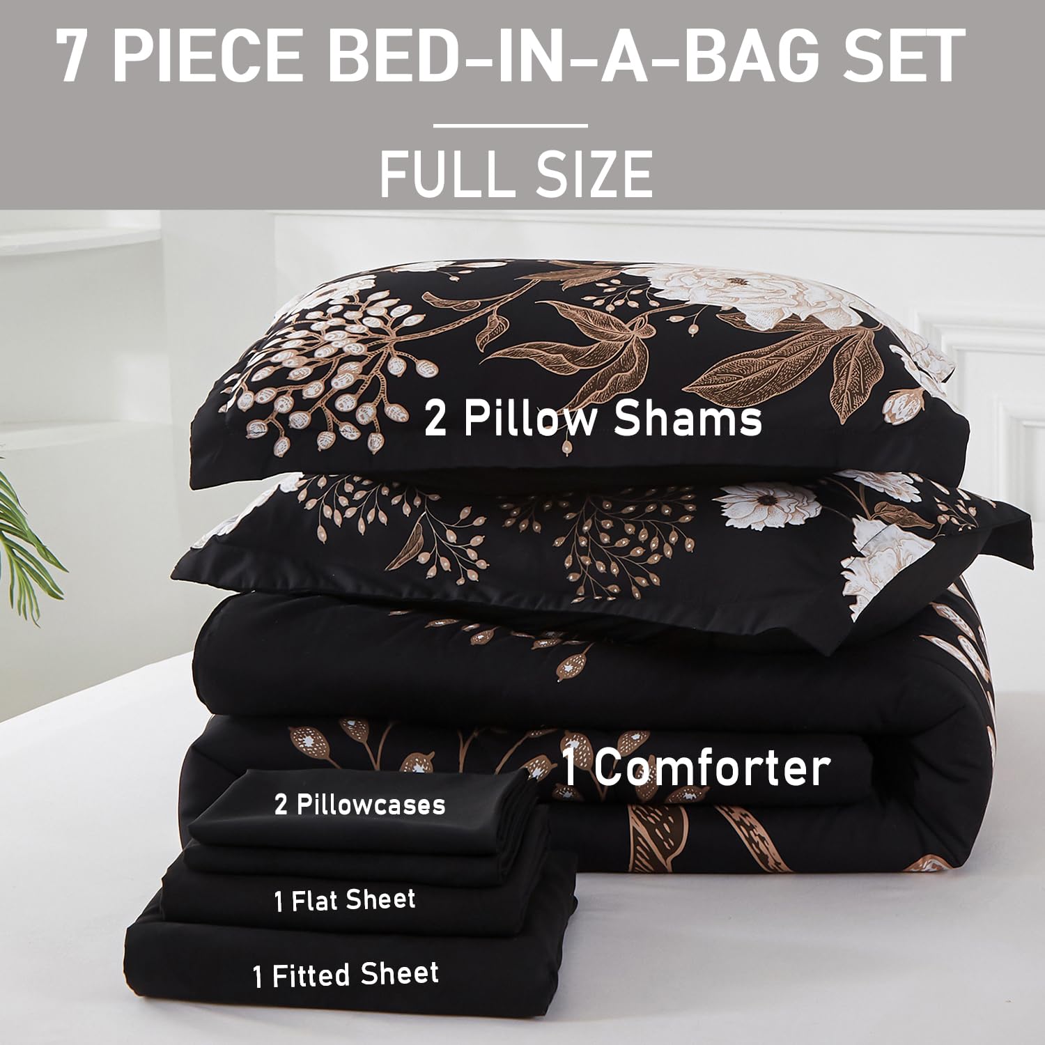 Yogeneg 7 Piece Bed in a Bag King Size Comforter Set Black Bedding Set,Gold Butterfly Leaves Printed on Black Reversible Design,Soft Microfiber Comforter with Sheet Set,All Season(Butterfly,King)