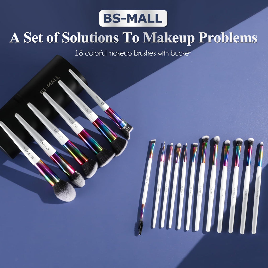 BS-MALL Makeup Brush Set 18 Pcs Professional Foundation Powder Concealers Eyeshadow Blush Synthetic Makeup Brushes with Labeled instruction Black Case Upgraded Version