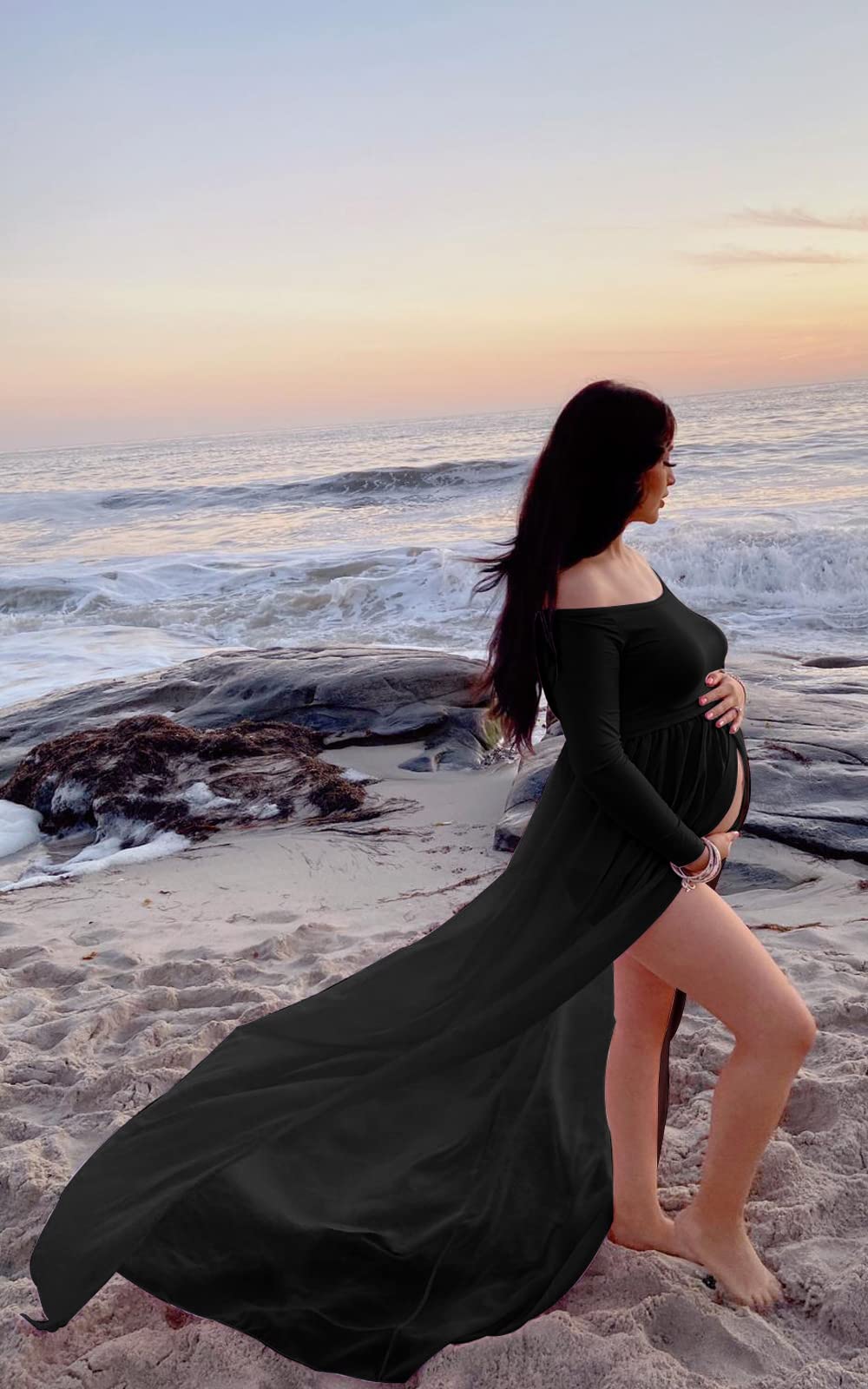 Mommy Jennie Maternity Dress Off Shoulder Long Sleeve Split Front Chiffon Gown for Photoshoot