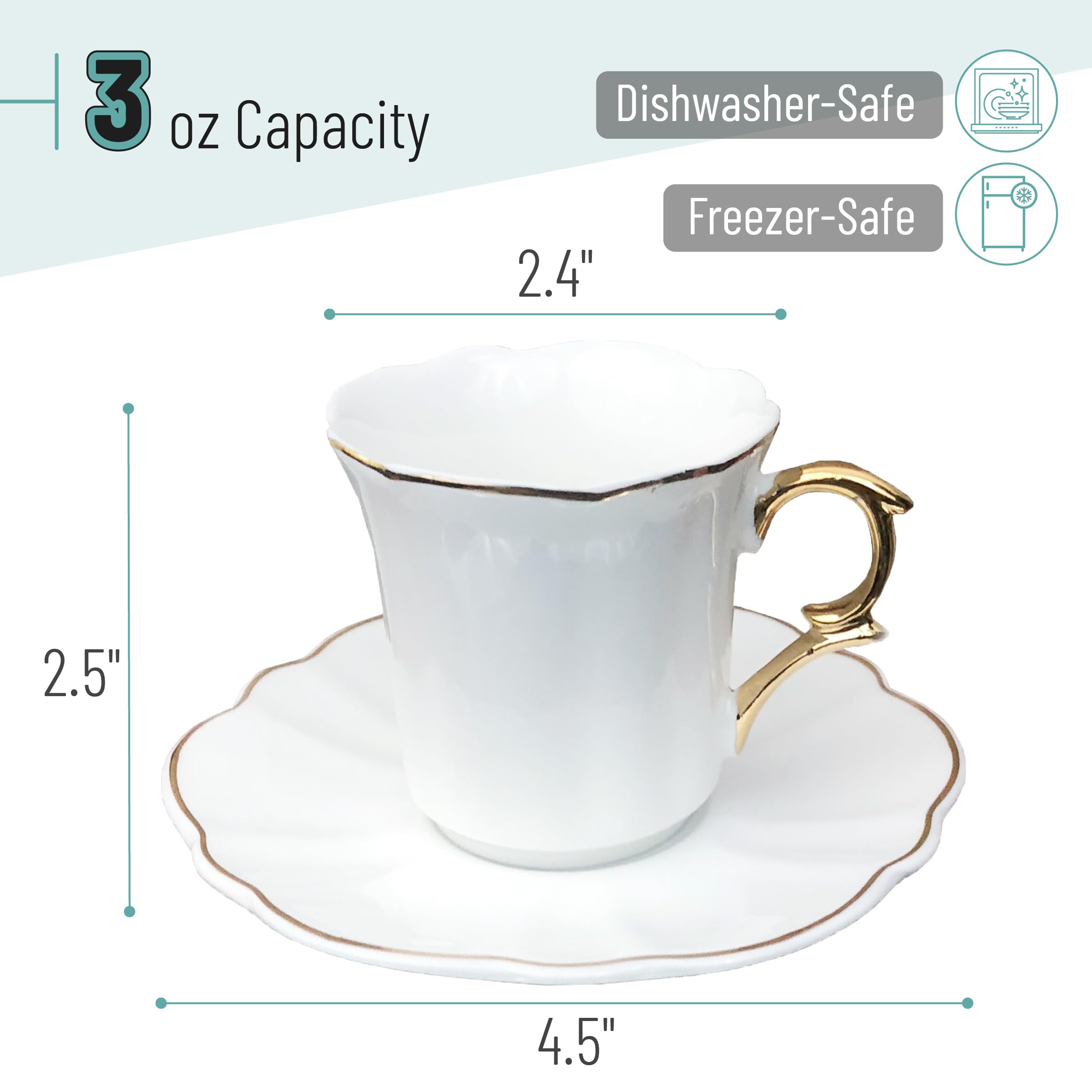 BTaT- Turkish Coffee Cup Set, 3 oz, 6 Set (12 pcs), Elegant White Cups & Saucers with Gold Trim & Gift Box, Small Porcelain Espresso Set for Serving Greek, Arabic & Turkish Coffee, Gift Giving