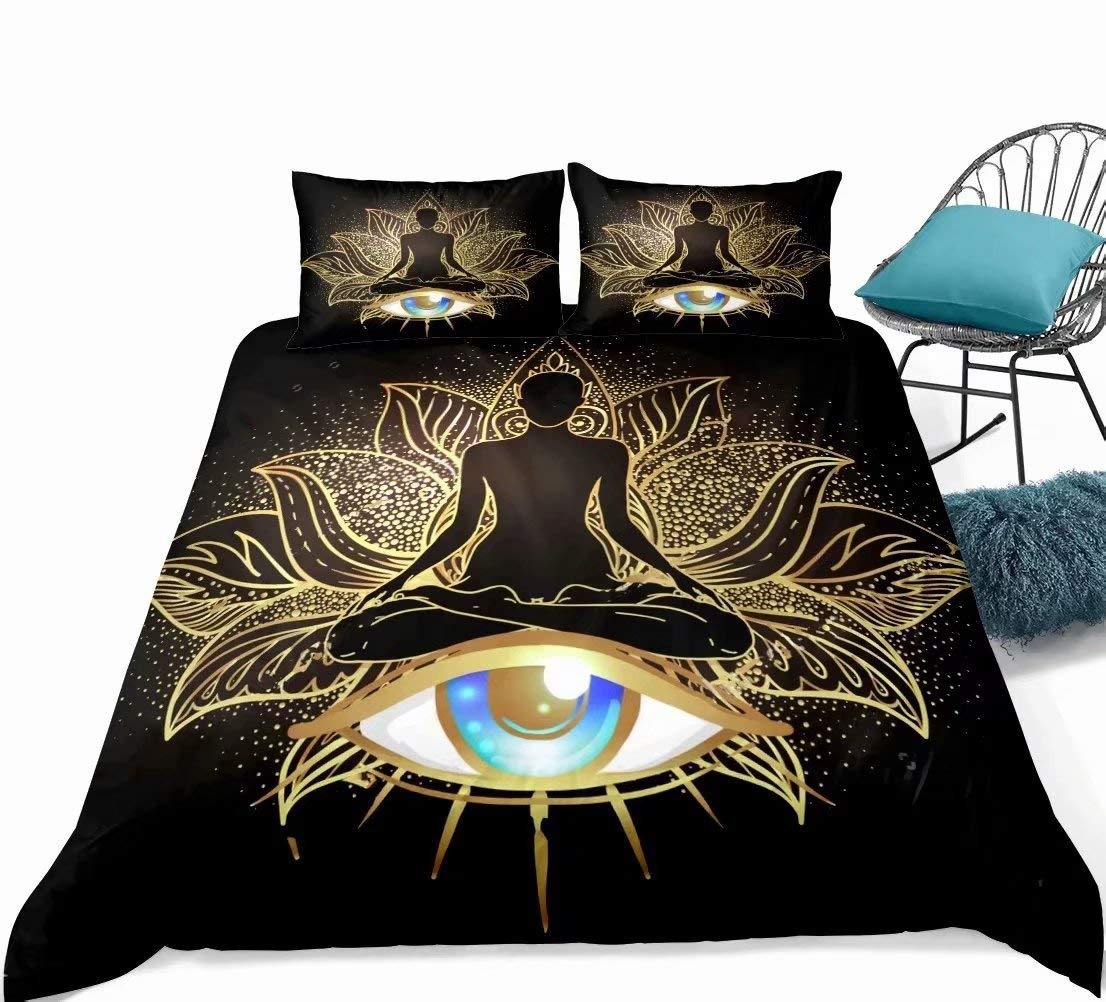 Buddha Comforter Set King, Indian Art Bohemian Mandala Zen Themed Buddha Eye Meditation Room Design Buddhist Decorative 3 Piece Quilt Set Lotus Flower Print Bedding Set(Gold Black)