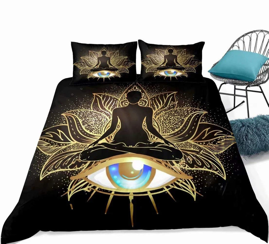 Buddha Comforter Set King, Indian Art Bohemian Mandala Zen Themed Buddha Eye Meditation Room Design Buddhist Decorative 3 Piece Quilt Set Lotus Flower Print Bedding Set(Gold Black)