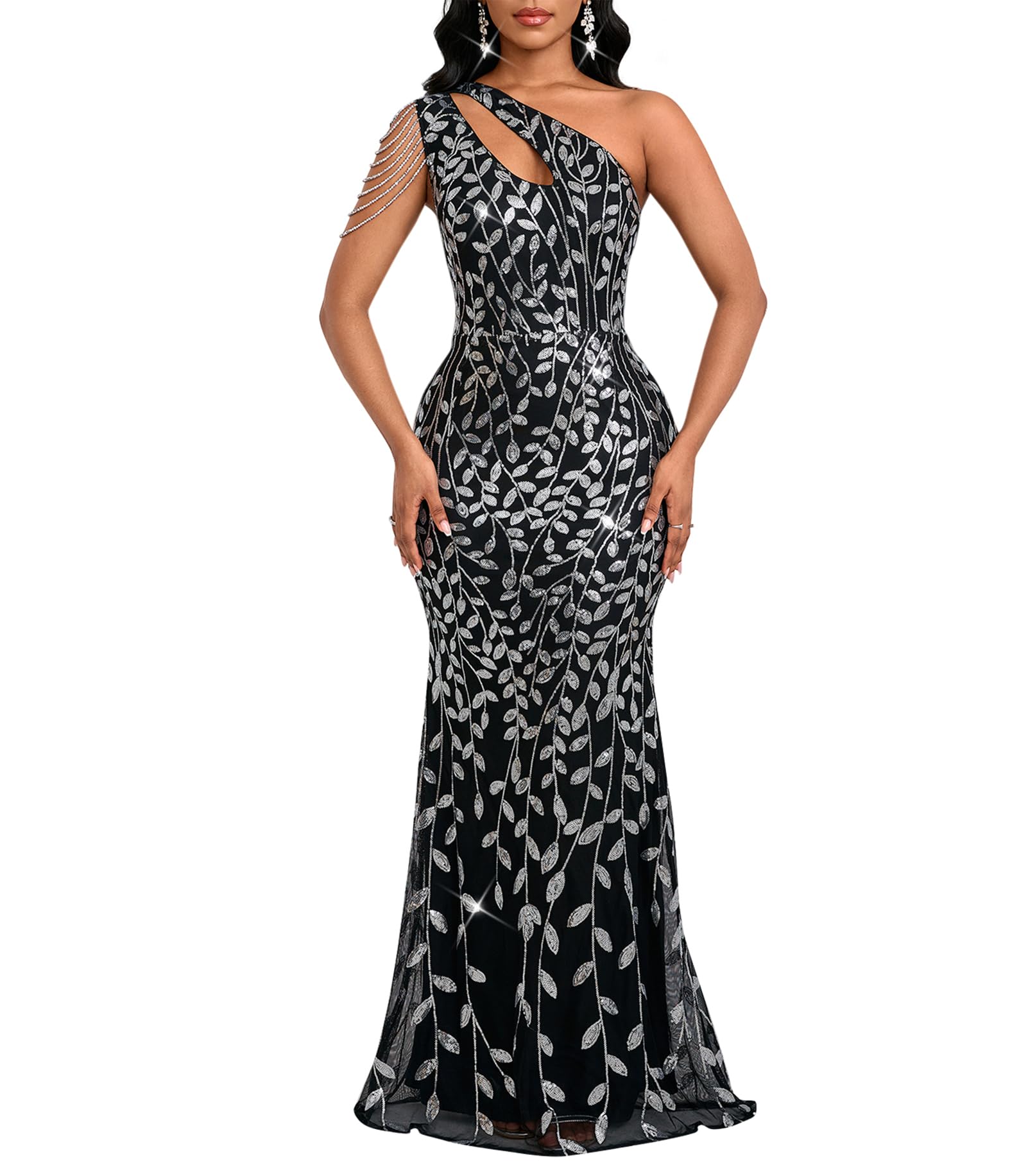 Cololura Women Sequin Elegant Sexy One Shoulder Tassel Mermaid Bodycon Cocktail Evening Dress