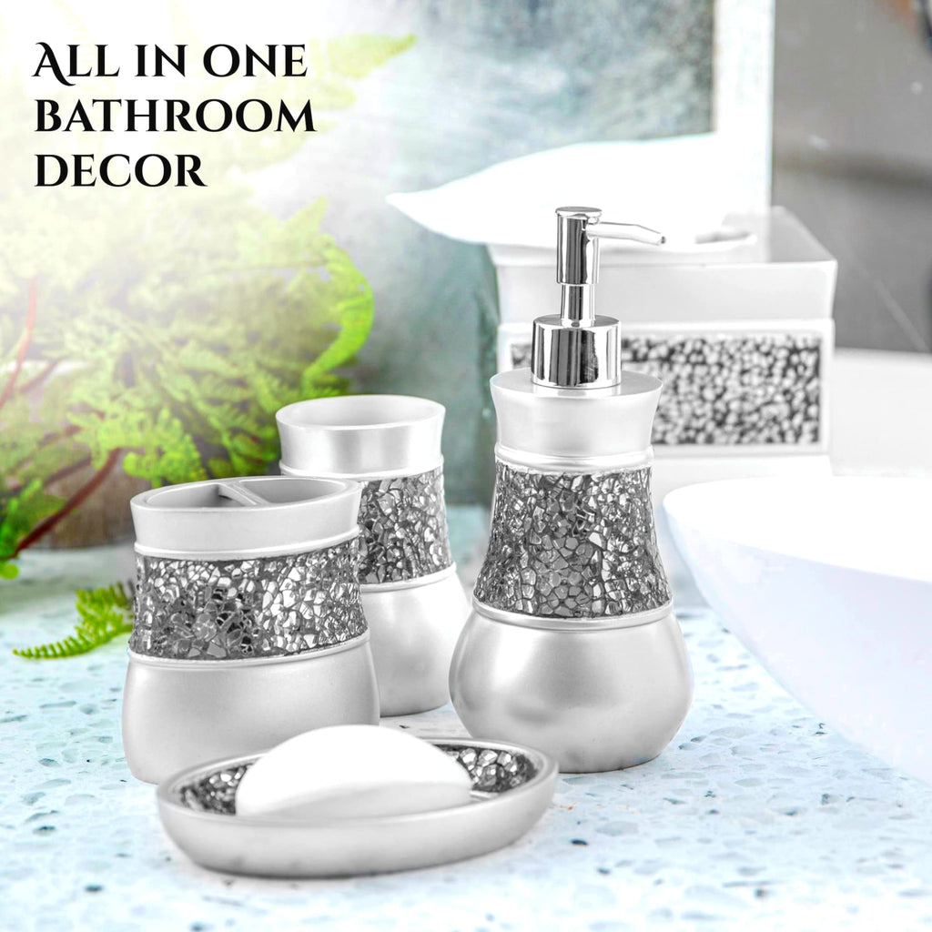Creative Scents Crackled Glass Silver Bathroom Accessory Set – 4-Piece Vanity Set Includes: Lotion Soap Dispenser, Toothbrush Holder, Tumbler, and Soap Dish