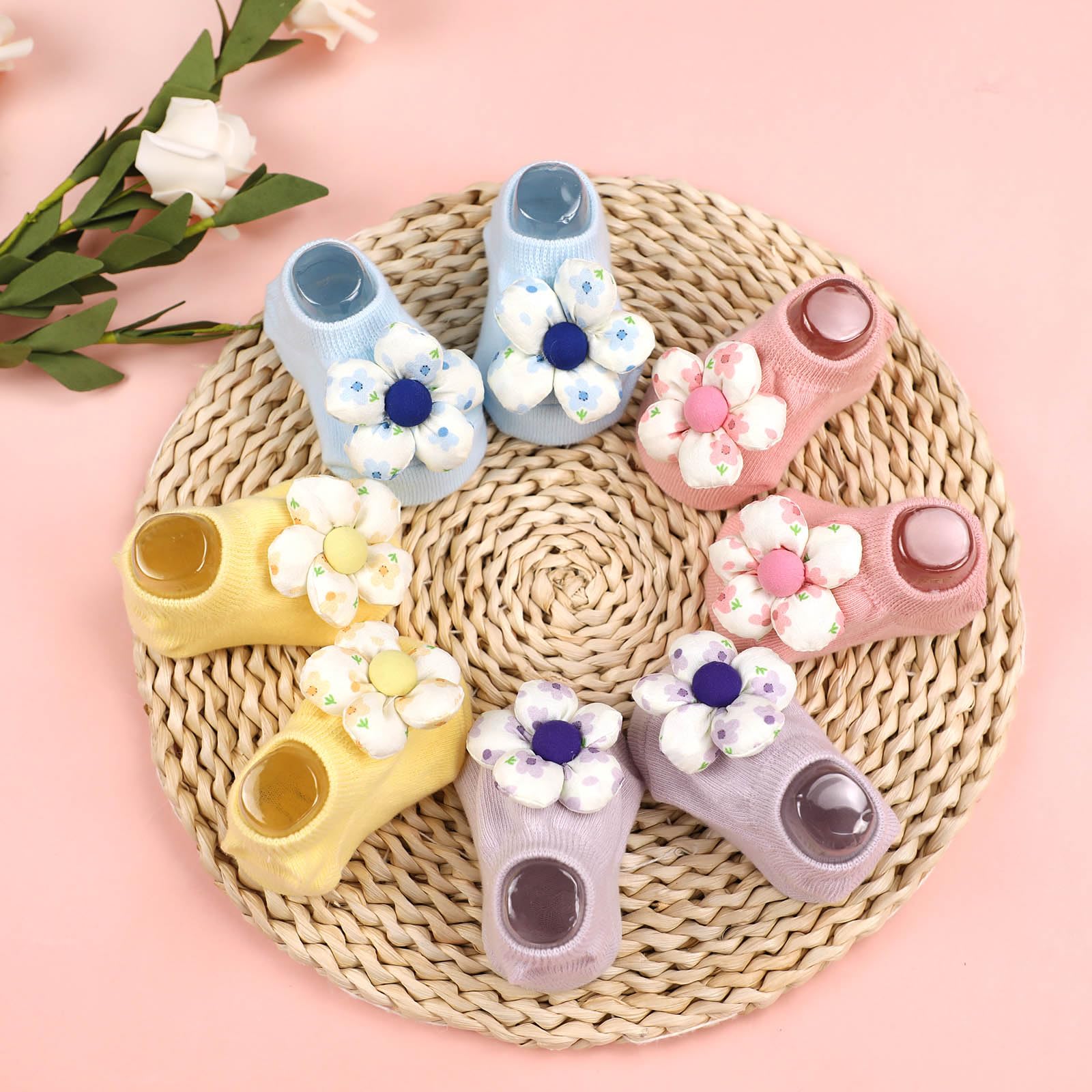 KEAINVRN 4Packs Baby Girls Socks,Flower Non-Slip Grips for Babies Toddler Princess Low Cut Ankle Socks for Girls