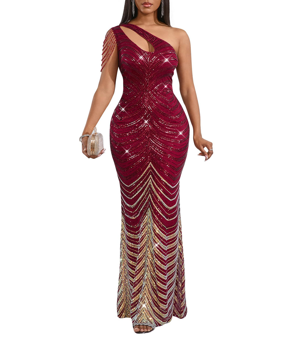 Cololura Women Sequin Elegant Sexy One Shoulder Tassel Mermaid Bodycon Cocktail Evening Dress