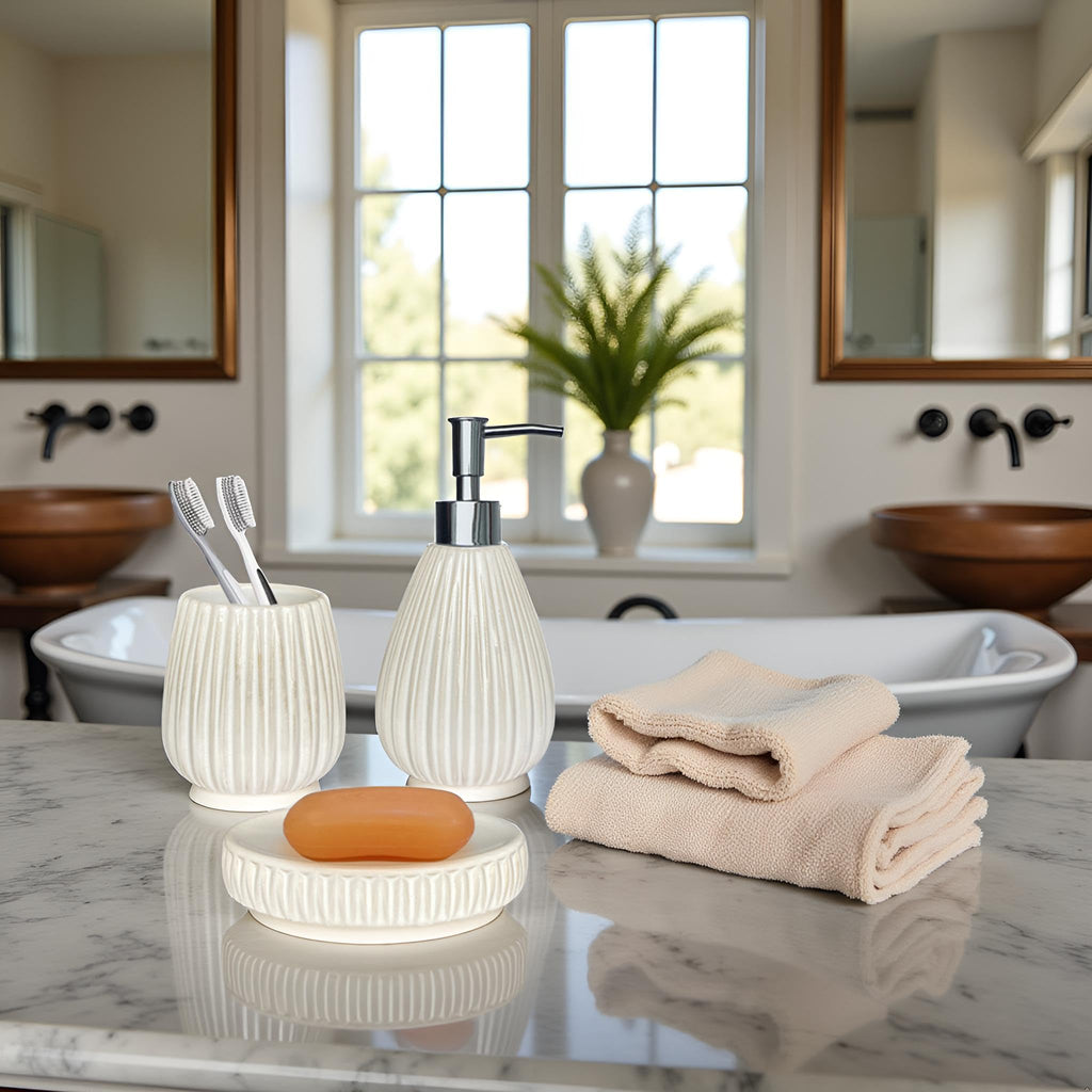 Bathroom Accessories Set 4 Pcs-Ceramic Gift Set Soap Dispenser Pump & Toothbrush Holder & Tumbler Cup & Soap Dish - Bathroom Home Decor Clearance, Countertop Vanity Organize (15 Ounce)