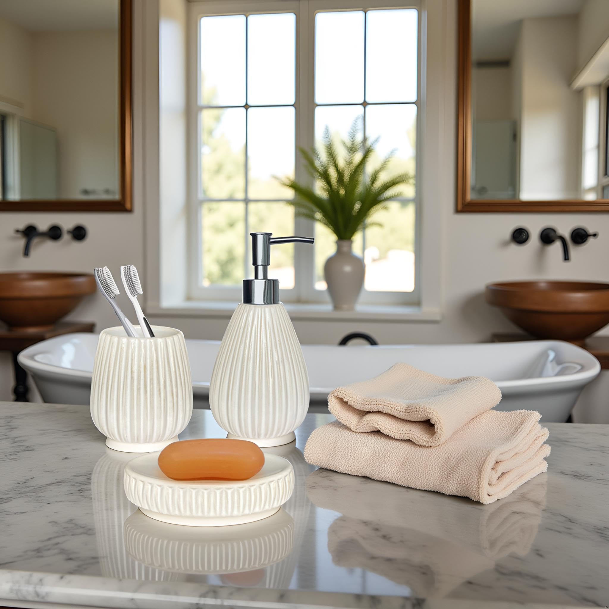 Bathroom Accessories Set 4 Pcs-Ceramic Gift Set Soap Dispenser Pump & Toothbrush Holder & Tumbler Cup & Soap Dish - Bathroom Home Decor Clearance, Countertop Vanity Organize (15 Ounce)
