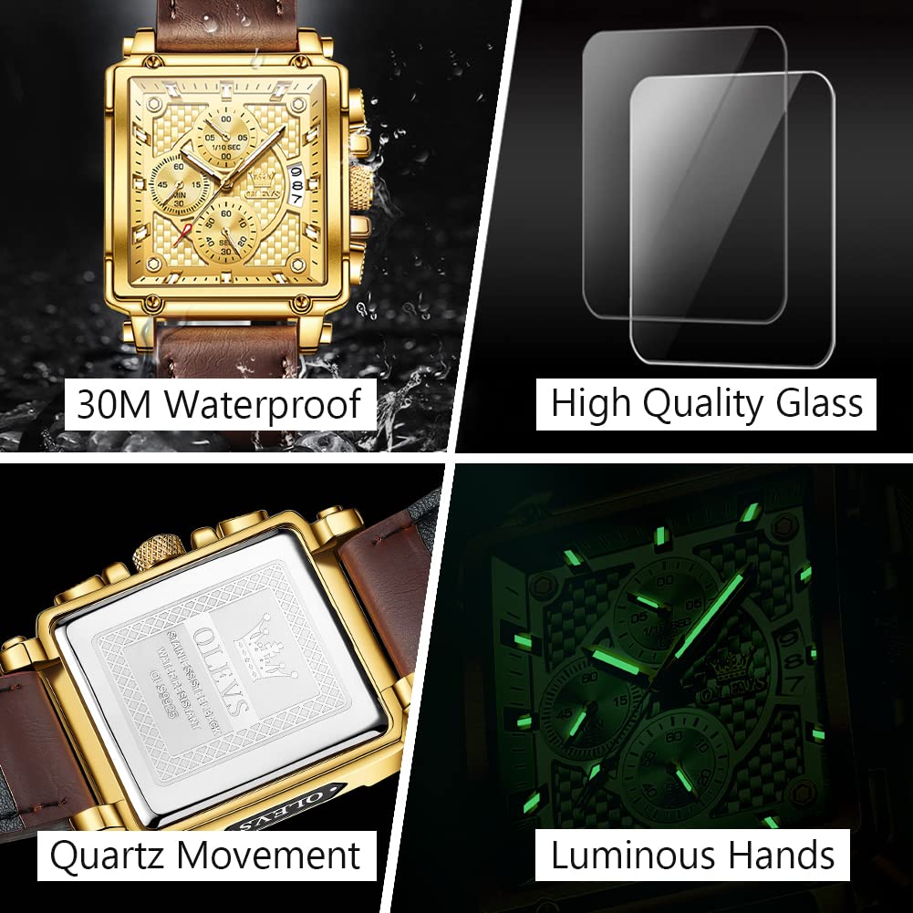 OLEVS Men's Casual Leather Watch, Big Face Chronograph Watch for Men, Fashion Easy to Read Dress Watch, Men's Waterproof Luminous Date Analog Watch, Gold/Black/White/Blue Dial