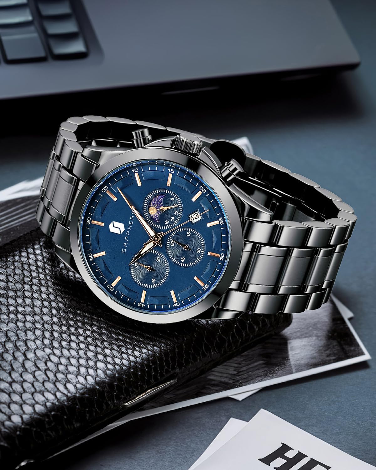SAPPHERO Chronograph Watches for Men, Original Business Casual Stainless Steel Analog Watch 50M Waterproof Luminous Watches with Date Dial, Mens Gift