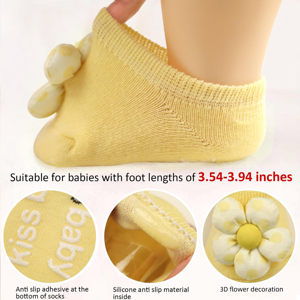 KEAINVRN 4Packs Baby Girls Socks,Flower Non-Slip Grips for Babies Toddler Princess Low Cut Ankle Socks for Girls