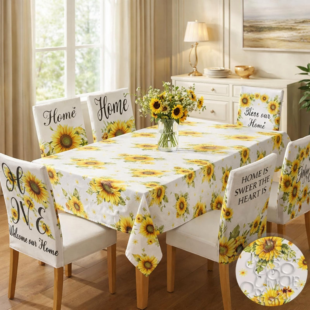 7 Pcs Sunflower Chair Covers and Tablecloth Set 60 x 84 Inch Waterproof Stain Rectangular Table Cover with Stretchable Removable Chair Slipcovers for Dining Room Kitchen Patio Summer Parties