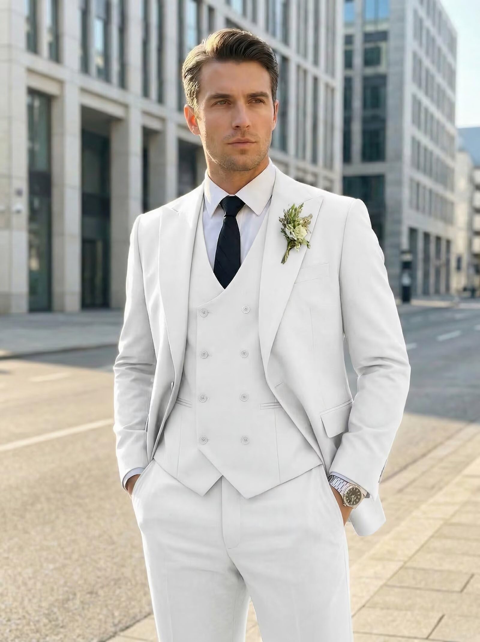 Mens Suit 3 Piece Double Breasted Suit Men Formal Business Tuxedos Blazer Vest Pants Set for Wedding Party Dinner