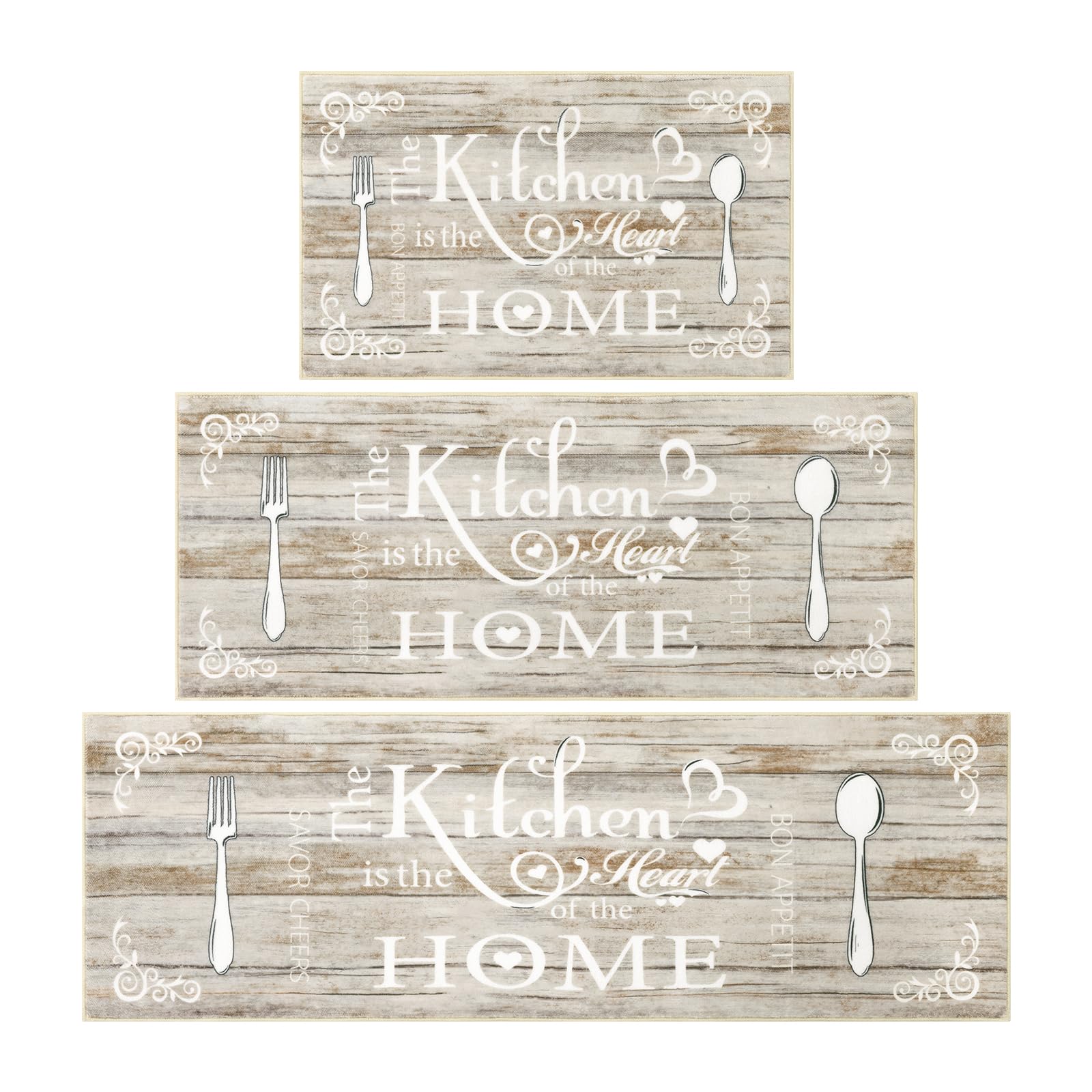 Vaukki Boho Kitchen Rug Sets 3 Pieces, Washable Kitchen Mats for Floor, Non Slip Soft Kitchen Area Rug Floor Mat for Kitchen, Laundry Room and Hallway (Grey and Beige, 20''x32''+20''x47''+20''x59'')