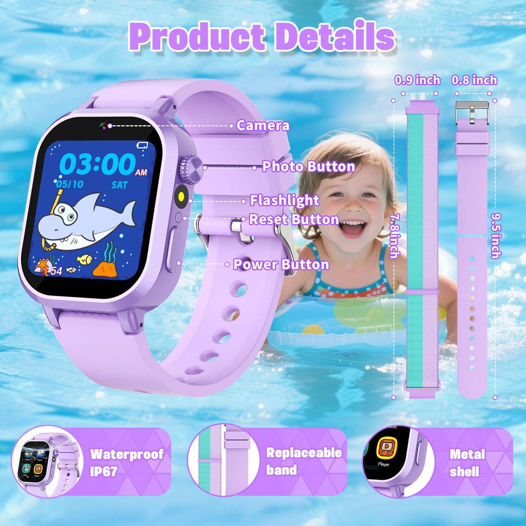 Wiszodet Kids Waterproof Smart Watch Boys Gift Age 3-12 with 39 Game HD Touch Screen Music Player Video Camera Pedometer Alarm Clock Birthday Gift for 6 7 8 9 Year Olds Blue