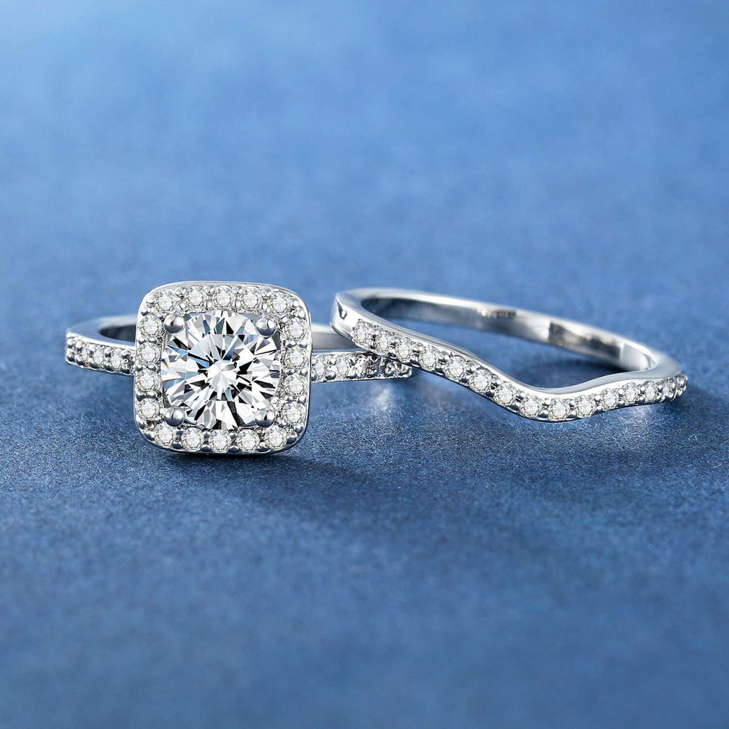 MDFUN 18K White Gold Plated Cubic Zirconia Two-in-One Halo Wedding Engagement Promise Eternity Ring for Women