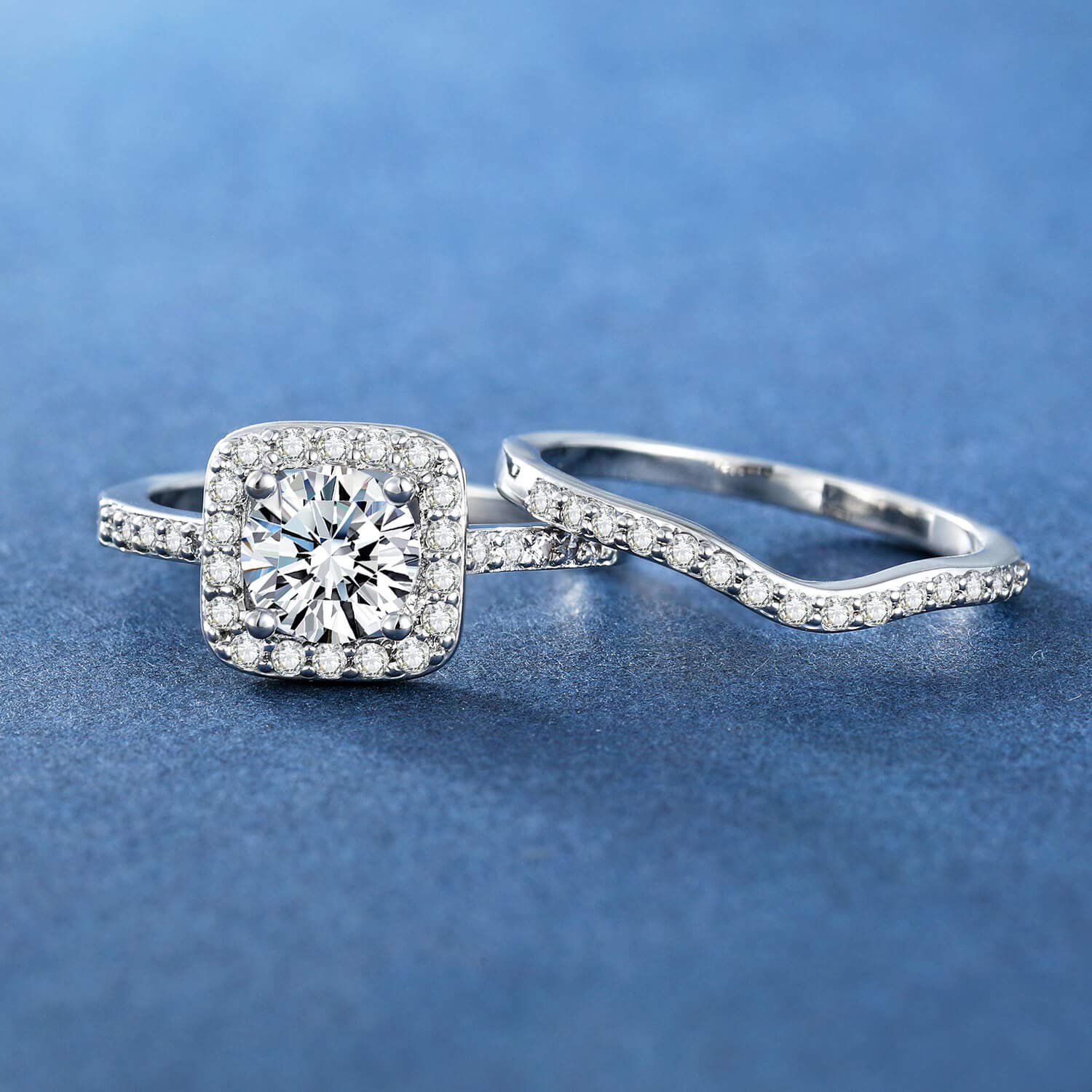 MDFUN 18K White Gold Plated Cubic Zirconia Two-in-One Halo Wedding Engagement Promise Eternity Ring for Women