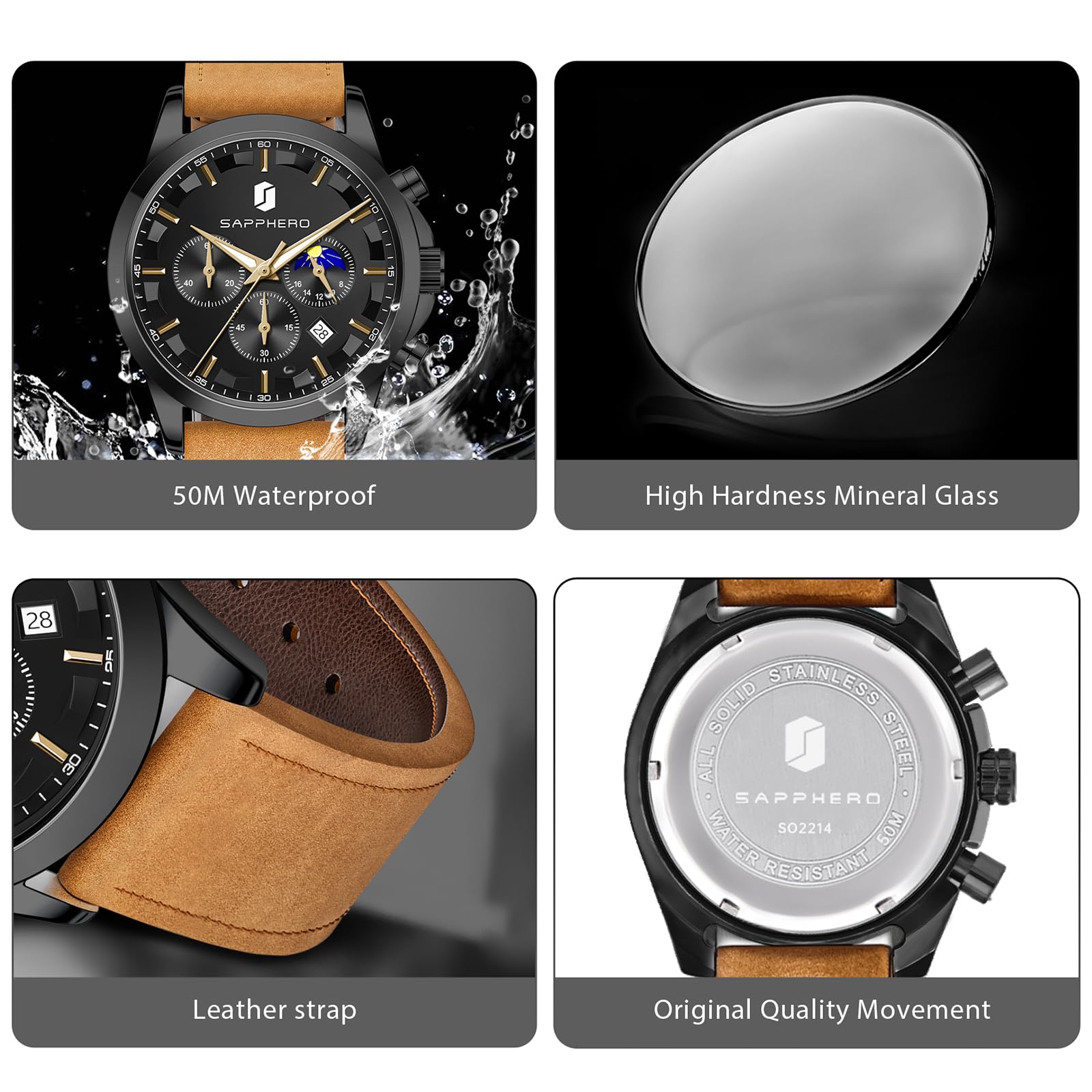 SAPPHERO Chronograph Watches for Men, Original Business Casual Stainless Steel Analog Watch 50M Waterproof Luminous Watches with Date Dial, Mens Gift