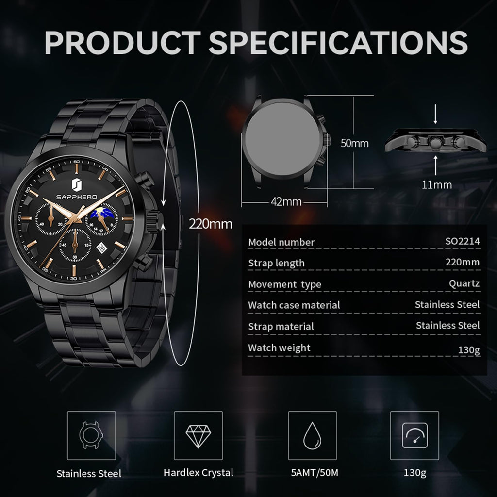 SAPPHERO Chronograph Watches for Men, Original Business Casual Stainless Steel Analog Watch 50M Waterproof Luminous Watches with Date Dial, Mens Gift