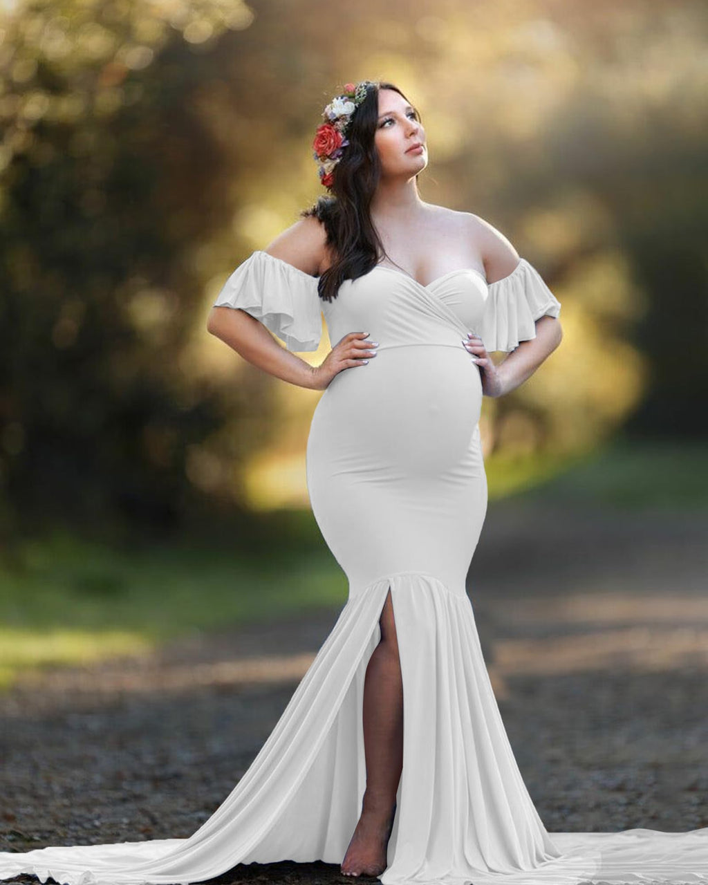 Saslax Off Shoulder Ruffle Sleeves Elegant Fitted Maxi Maternity Dress for Photoshoot Baby Shower