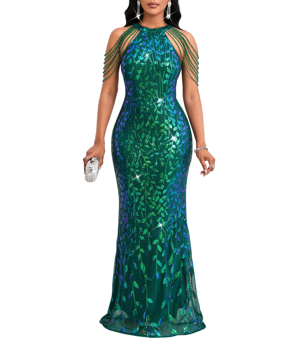Cololura Women Sexy Elegant Sequin Tassel Off Shoulder Halter Bodycon Maxi Dress Party Evening Gown Formal Dress