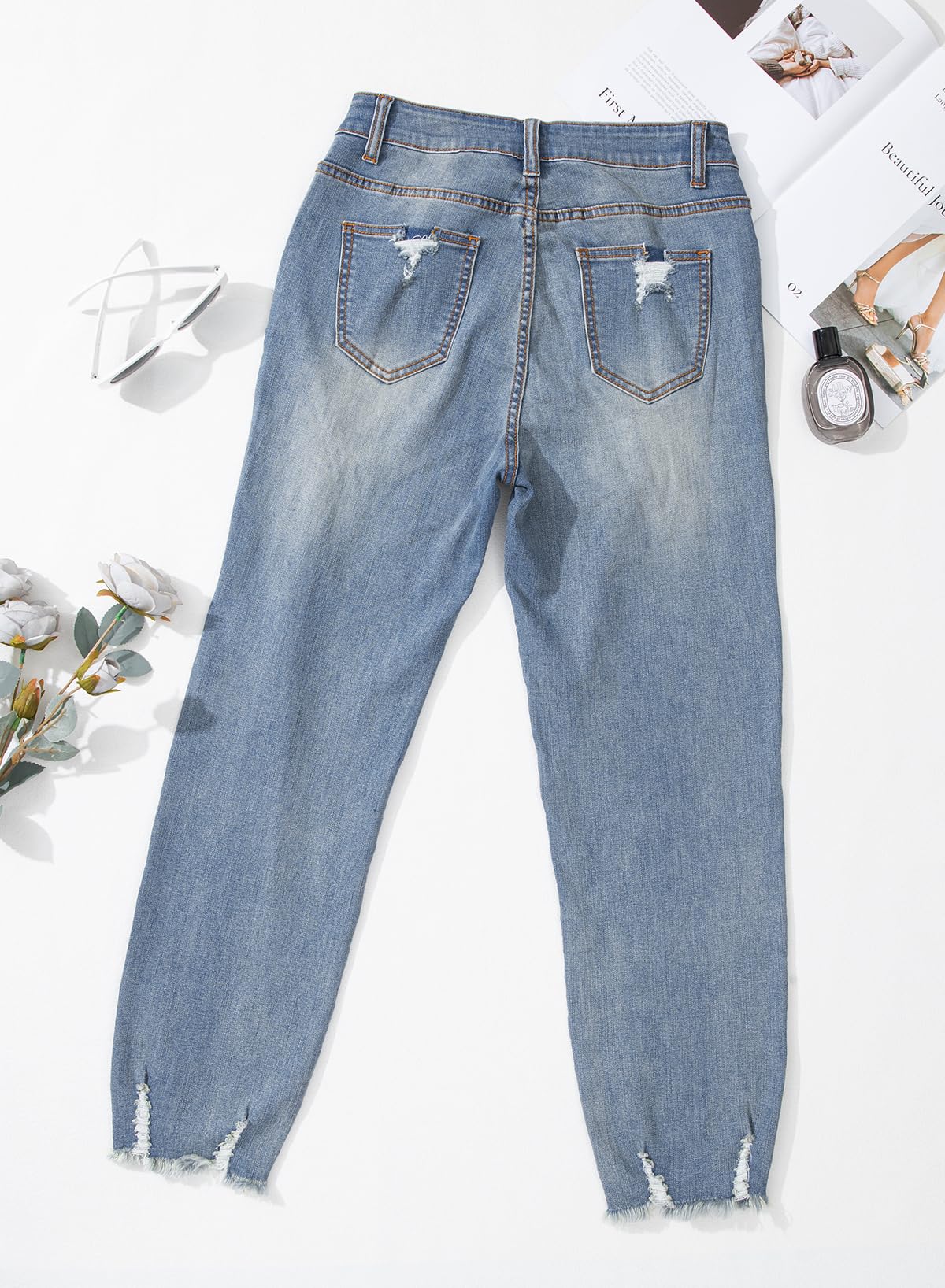 EVALESS Women's High Waisted Tummy Control Straight Ankle Ripped Jeans