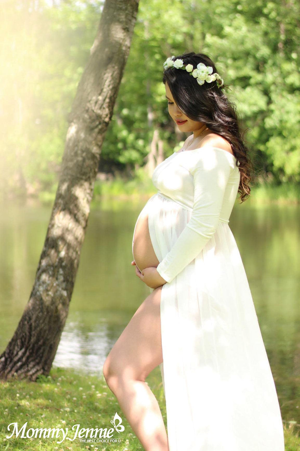 Mommy Jennie Maternity Dress Off Shoulder Long Sleeve Split Front Chiffon Gown for Photoshoot