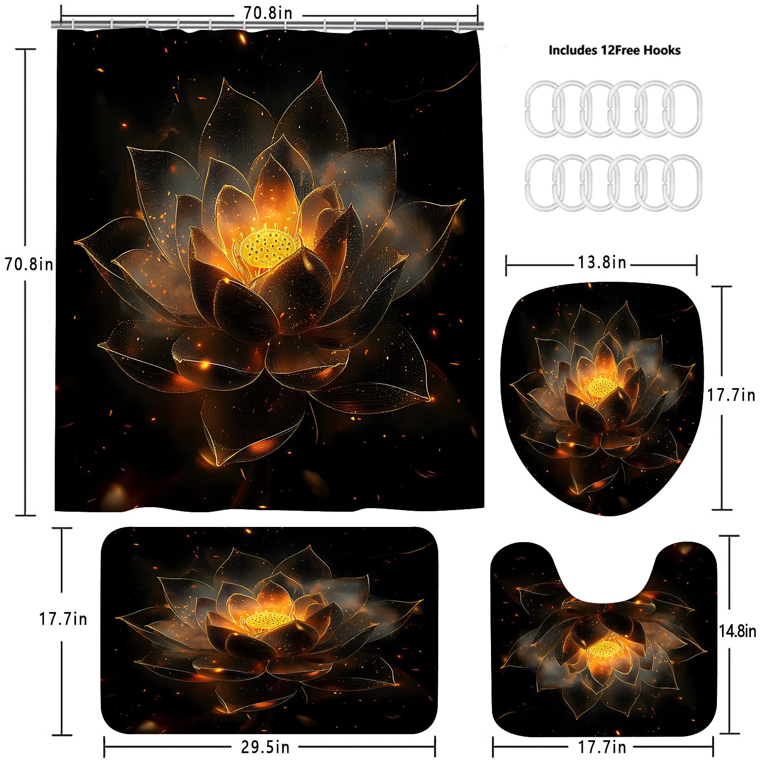 AZHM 4PCS Lotus Shower Curtain Set Black and Gold Flower Bathroom Decor Sets with Shower Curtain and Rugs and Accessories with 12 Hooks for Toilet