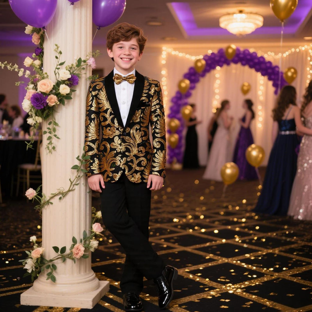 Lamgool Boys Tuxedo Suit Slim Fit Formal Set 2 Pieces with Floral Jacquard Sequin Blazer Black Pants for Kids Prom Wedding