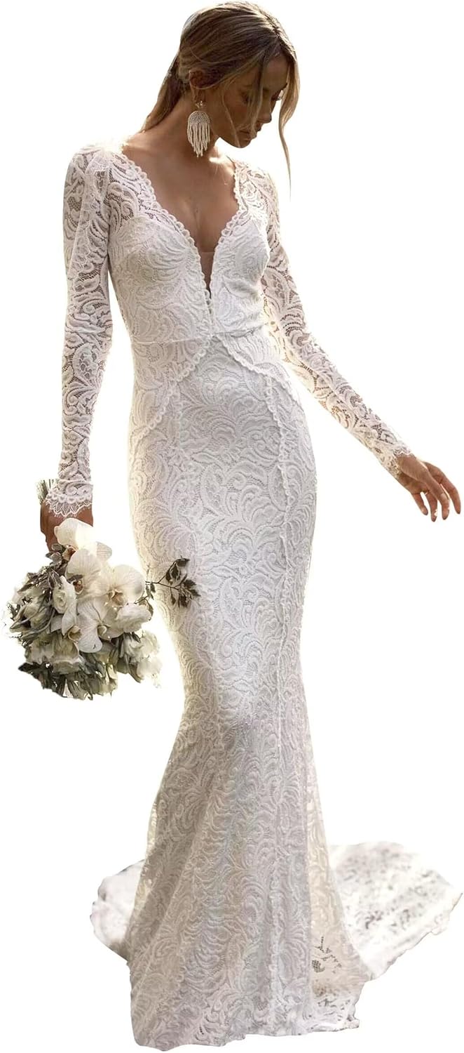 Boho Wedding Dress for Bride Mermaid Lace Applique Beach Bridal Gowns BOFD5