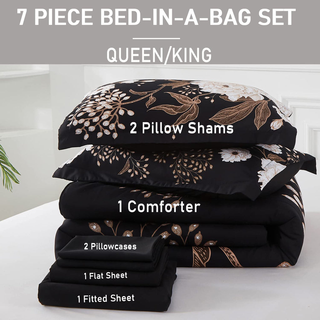 Yogeneg 7 Piece Bed in a Bag King Size Comforter Set Black Bedding Set,Gold Butterfly Leaves Printed on Black Reversible Design,Soft Microfiber Comforter with Sheet Set,All Season(Butterfly,King)