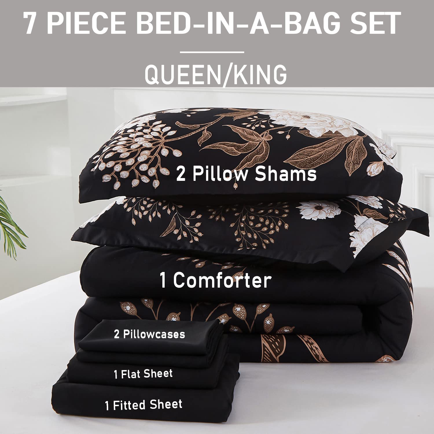 Yogeneg 7 Piece Bed in a Bag King Size Comforter Set Black Bedding Set,Gold Butterfly Leaves Printed on Black Reversible Design,Soft Microfiber Comforter with Sheet Set,All Season(Butterfly,King)