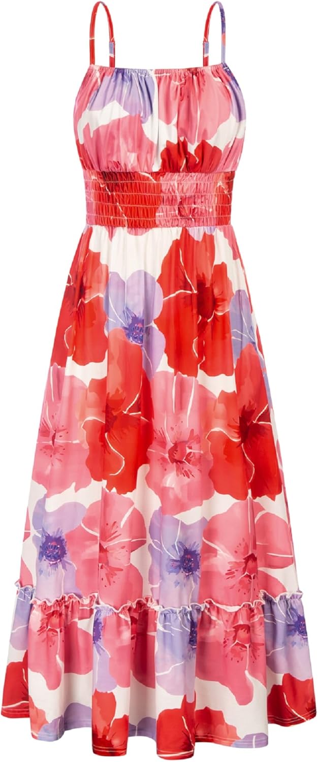 GRACE KARIN Summer Dresses for Women 2026 Vacation,Smocked Floral Maxi Dress,Boho Beach Sundress with Pocket Fashion Clothing