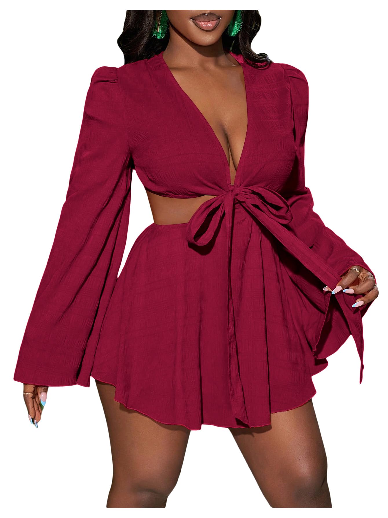 BEAUDRM Women's Tropical Dresses Summer Dress Vacation Beach Sundresses Sexy Long Bell Sleeve Two Piece Vacation Outfits