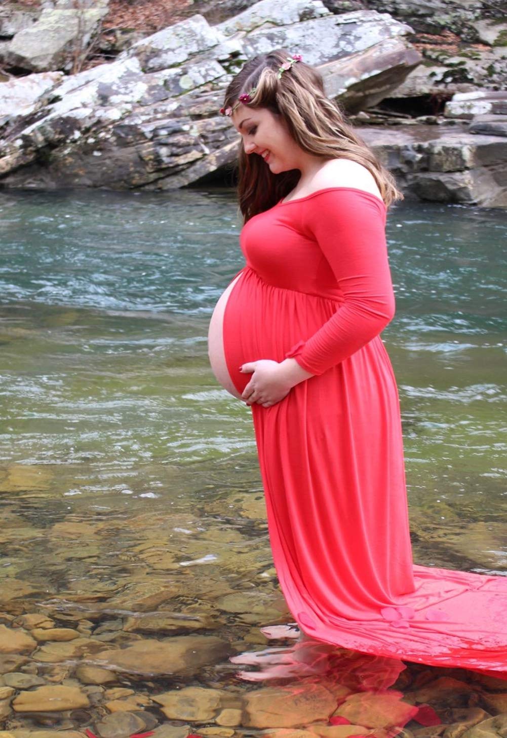 ZIUMUDY Maternity Maxi Chiffon Photography Dress Split Front Gown for Photoshoot