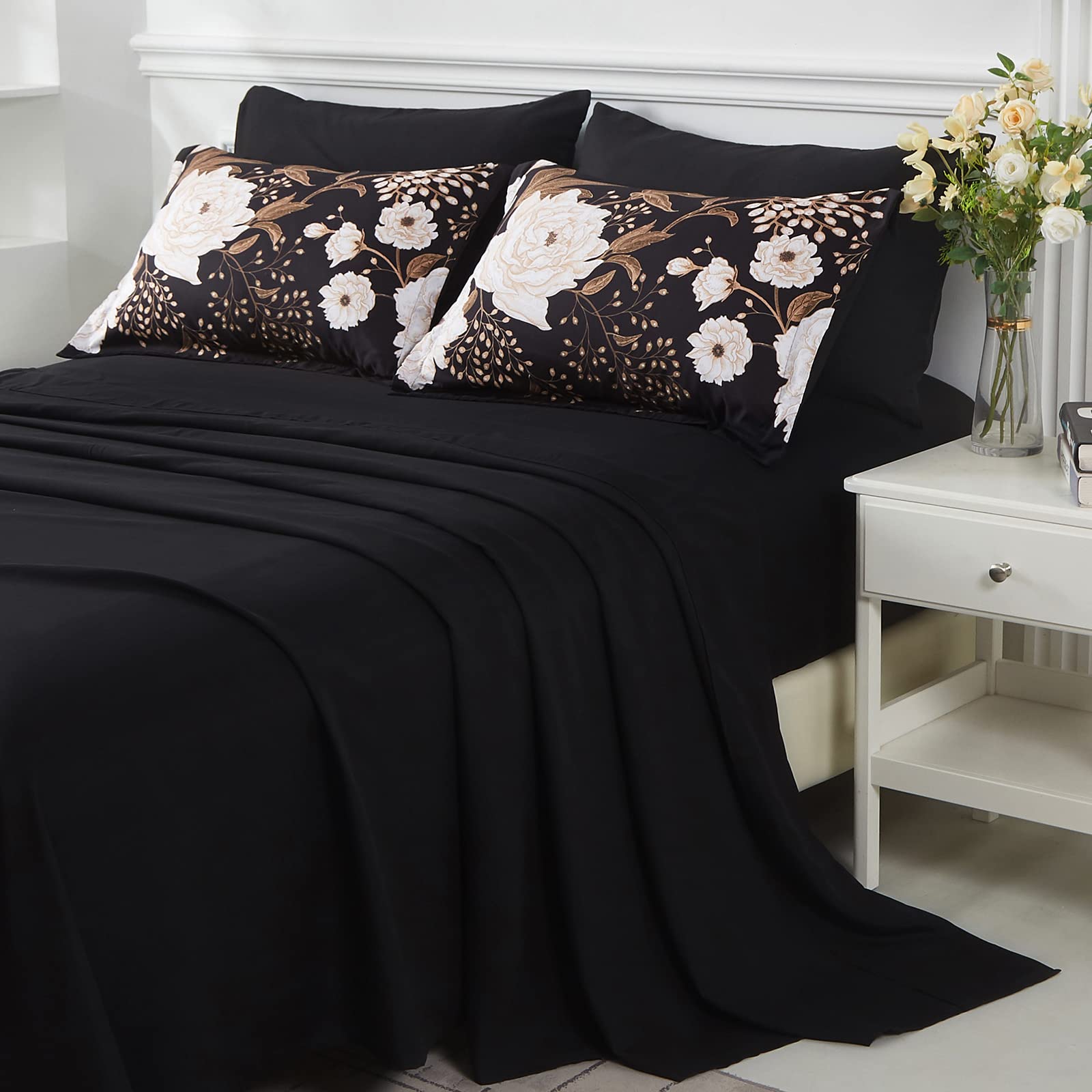 Yogeneg 7 Piece Bed in a Bag King Size Comforter Set Black Bedding Set,Gold Butterfly Leaves Printed on Black Reversible Design,Soft Microfiber Comforter with Sheet Set,All Season(Butterfly,King)