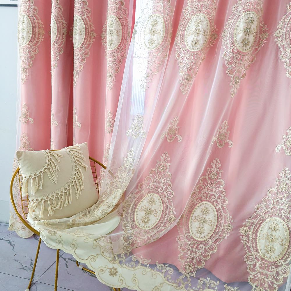 Amidoudou 1 Pair European Double Layer Curtains with Valances for Living Room Bedroom Luxury 3D Flower Embroidered Curtains (Yellow,52x96 Inch)