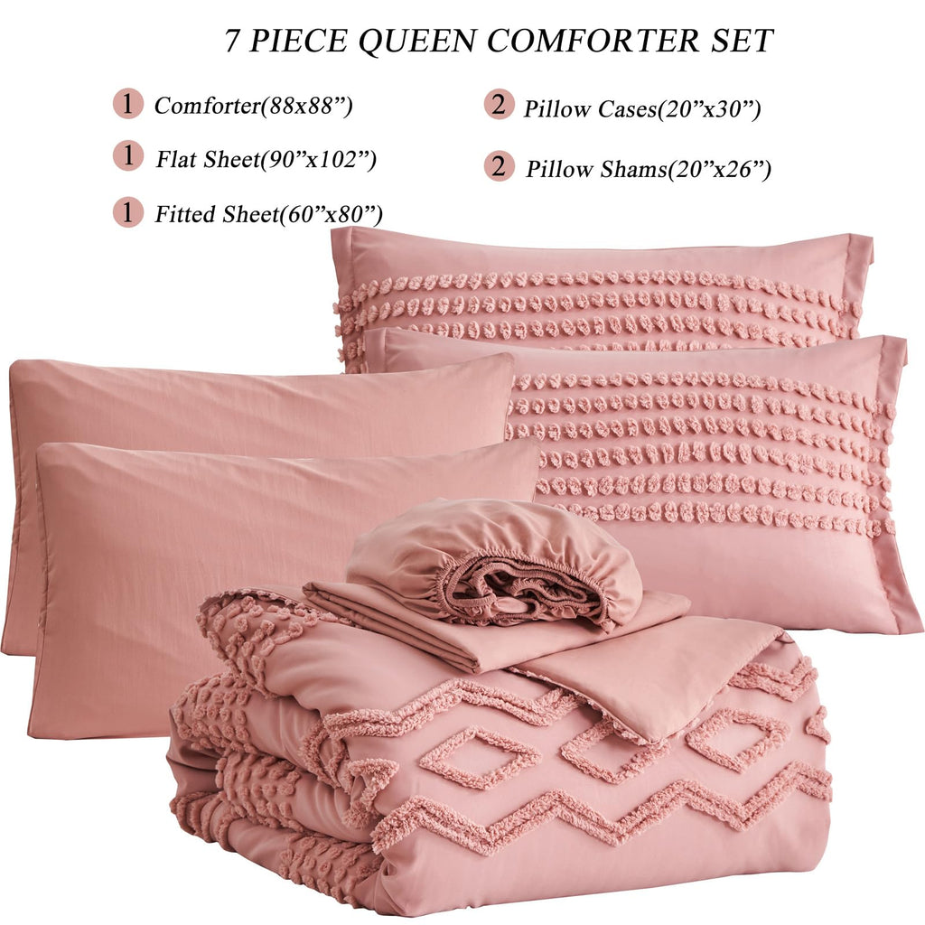 KAKIJUMN Grey Tufted Comforter Set King Size 7 Piece Bed in a Bag, Shabby Chic Boho Comforter and Sheet Set, Pom Pom Textured Bed Set, All Season Soft Microfiber Complete Bedding Set(Grey,King)