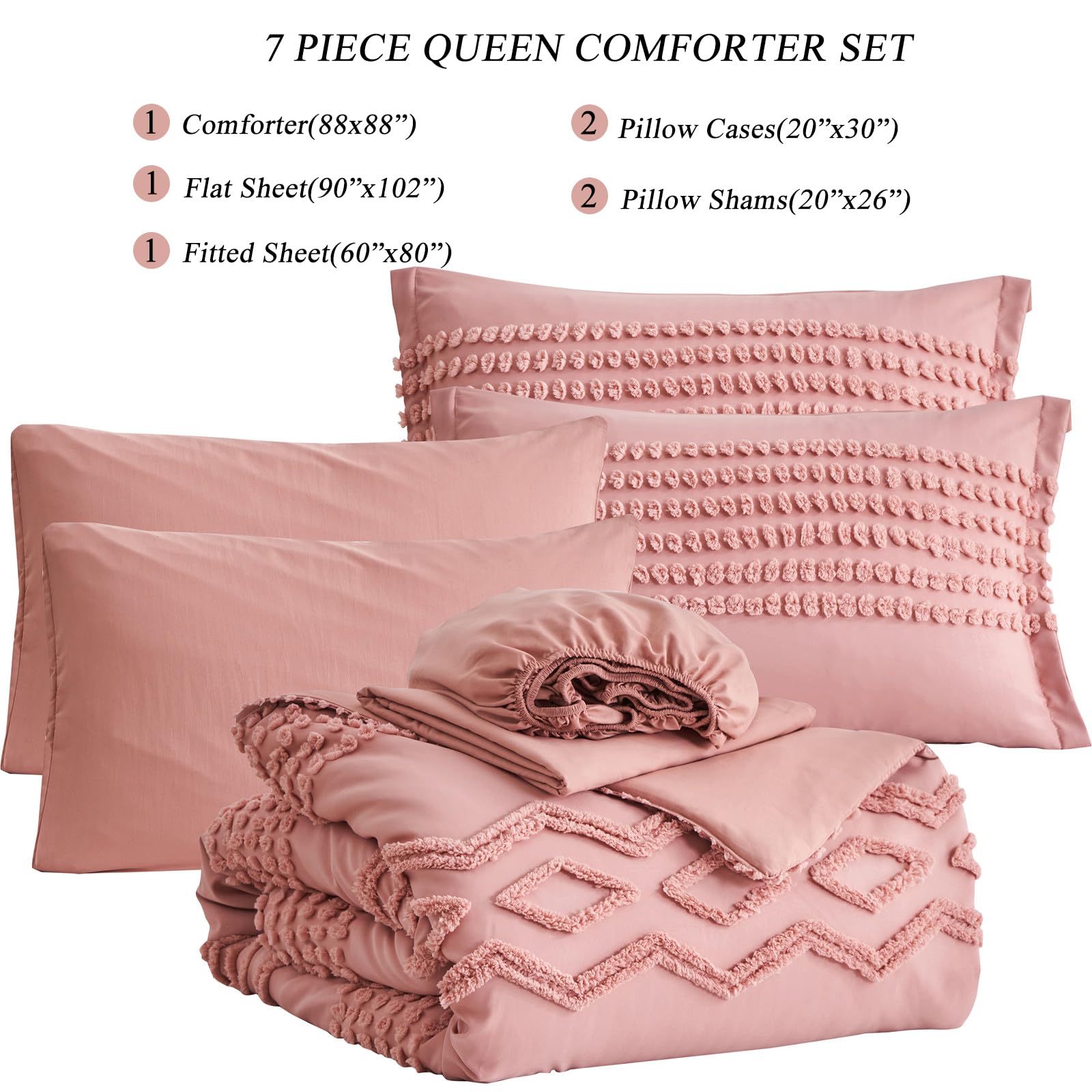 KAKIJUMN Grey Tufted Comforter Set King Size 7 Piece Bed in a Bag, Shabby Chic Boho Comforter and Sheet Set, Pom Pom Textured Bed Set, All Season Soft Microfiber Complete Bedding Set(Grey,King)