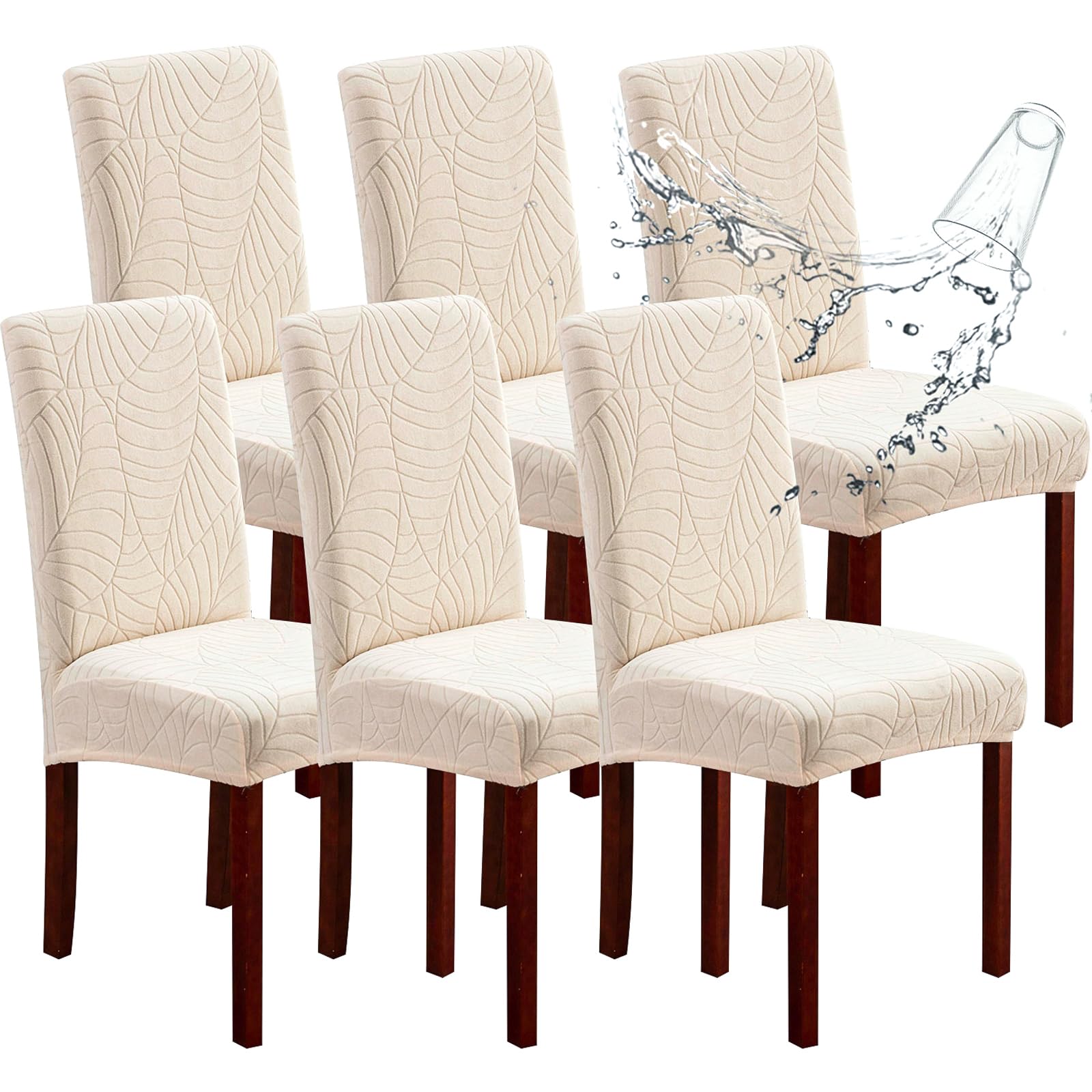 Genina Waterproof Chair Covers for Dining Room 6 Pack, Stretch Jacquard Dining Chair Cover Removable Washable Chair Protectors Cover for Kitchen, Home (Leaves-Warm Gray, 6 PCS)