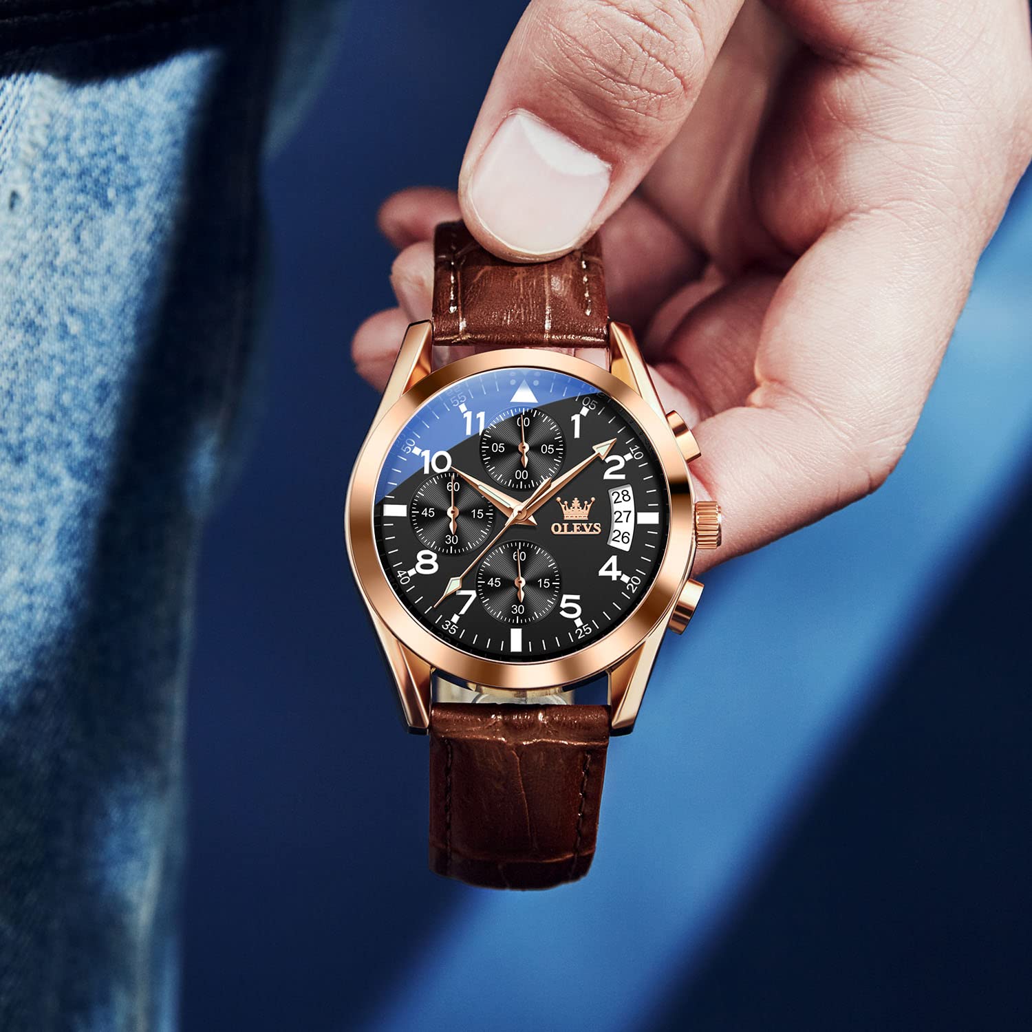 OLEVS Men's Casual Leather Watch, Big Face Chronograph Watch for Men, Fashion Easy to Read Dress Watch, Men's Waterproof Luminous Date Analog Watch, Gold/Black/White/Blue Dial