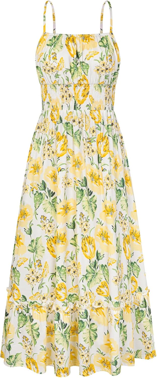 GRACE KARIN Summer Dresses for Women 2026 Vacation,Smocked Floral Maxi Dress,Boho Beach Sundress with Pocket Fashion Clothing