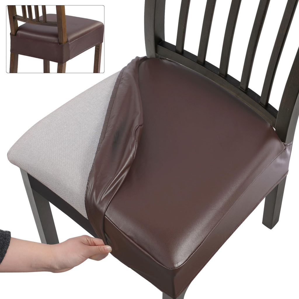 SearchI Stretch Dining Chair Seat Covers Set of 6, Soft Removable Washable Seat Cover for Dining Chairs, Dining Room Chair Cover Protector (Rear-Covered, Brown)