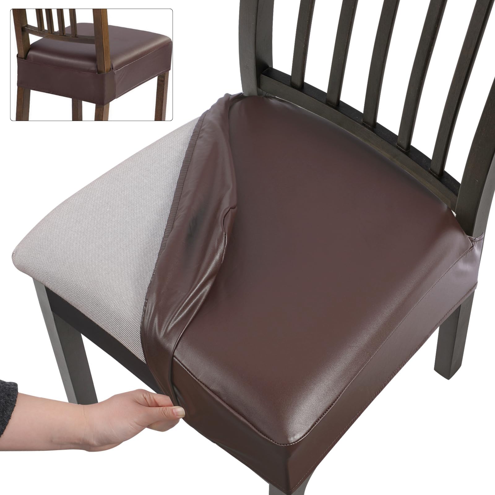 SearchI Stretch Dining Chair Seat Covers Set of 6, Soft Removable Washable Seat Cover for Dining Chairs, Dining Room Chair Cover Protector (Rear-Covered, Brown)